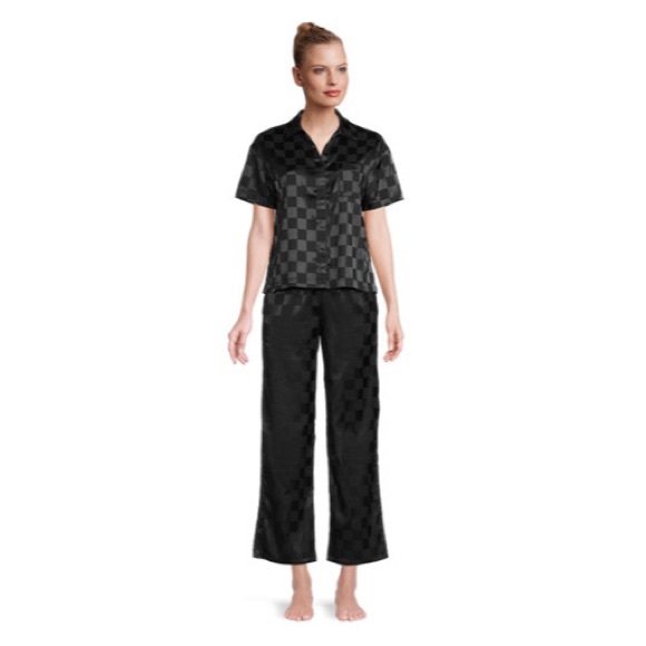 LISSOME WOMEN’S SATIN CHECKERED BOXY CROP TOP AND PANTS SLEEP SET - Picture 2 of 6